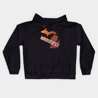 Colorful mandala art map of Michigan with text in brown and orange Kids Hoodie